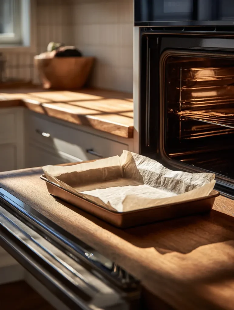 Oven preheating and baking dish lined with parchment paper