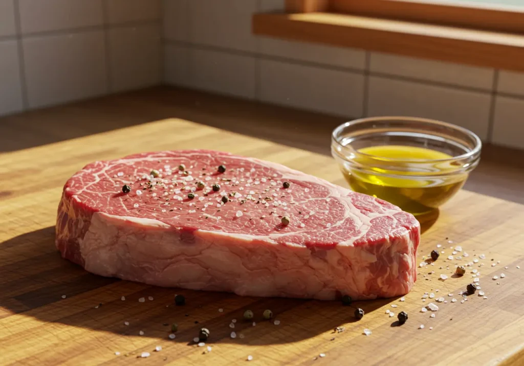 raw hanger steak with seasoning