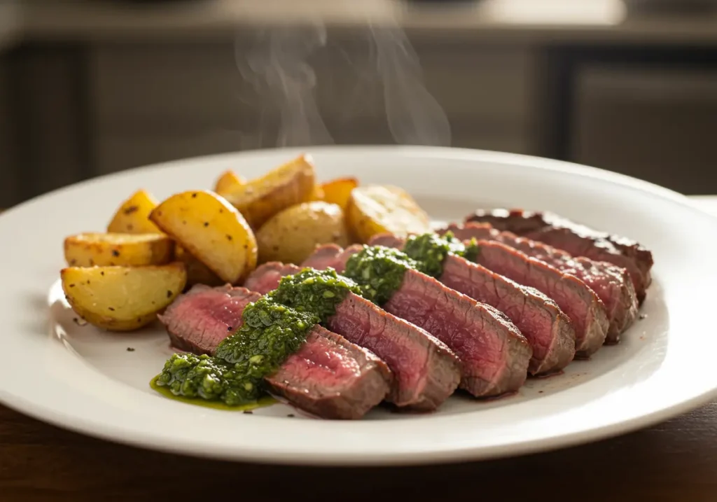 sliced cooked hanger steak medium rare