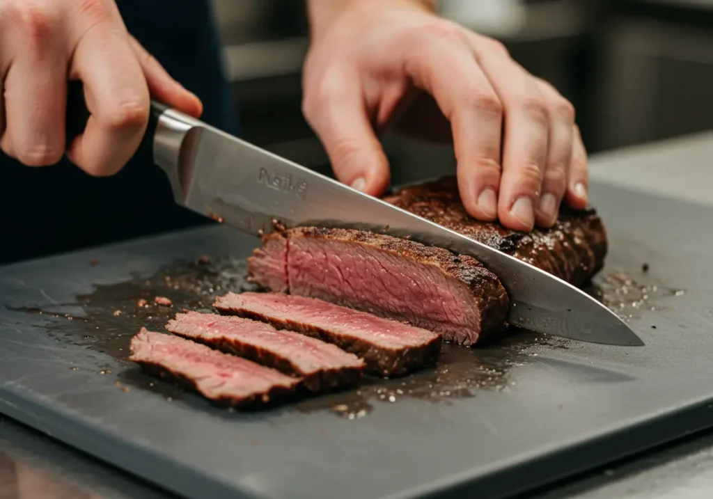 slicing cooked hanger steak against the grain