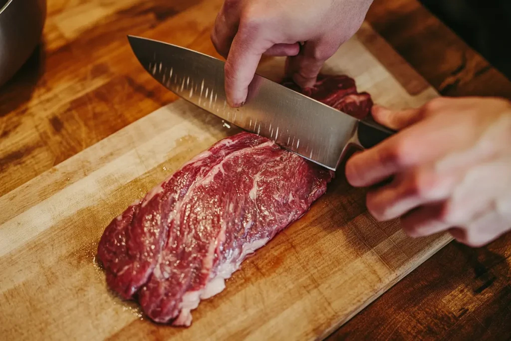 trimming hanger steak silver skin with boning knife