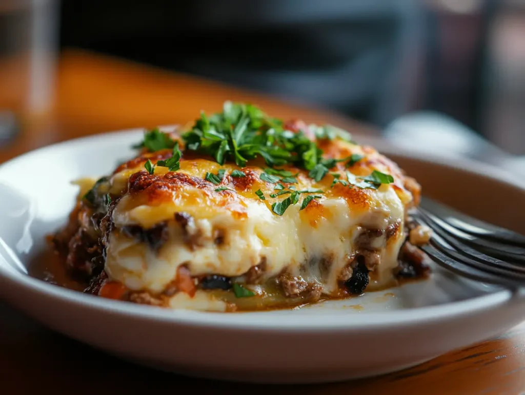 Plated portion of French onion ground beef casserole