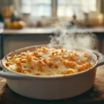 French onion ground beef and rice casserole in baking dish