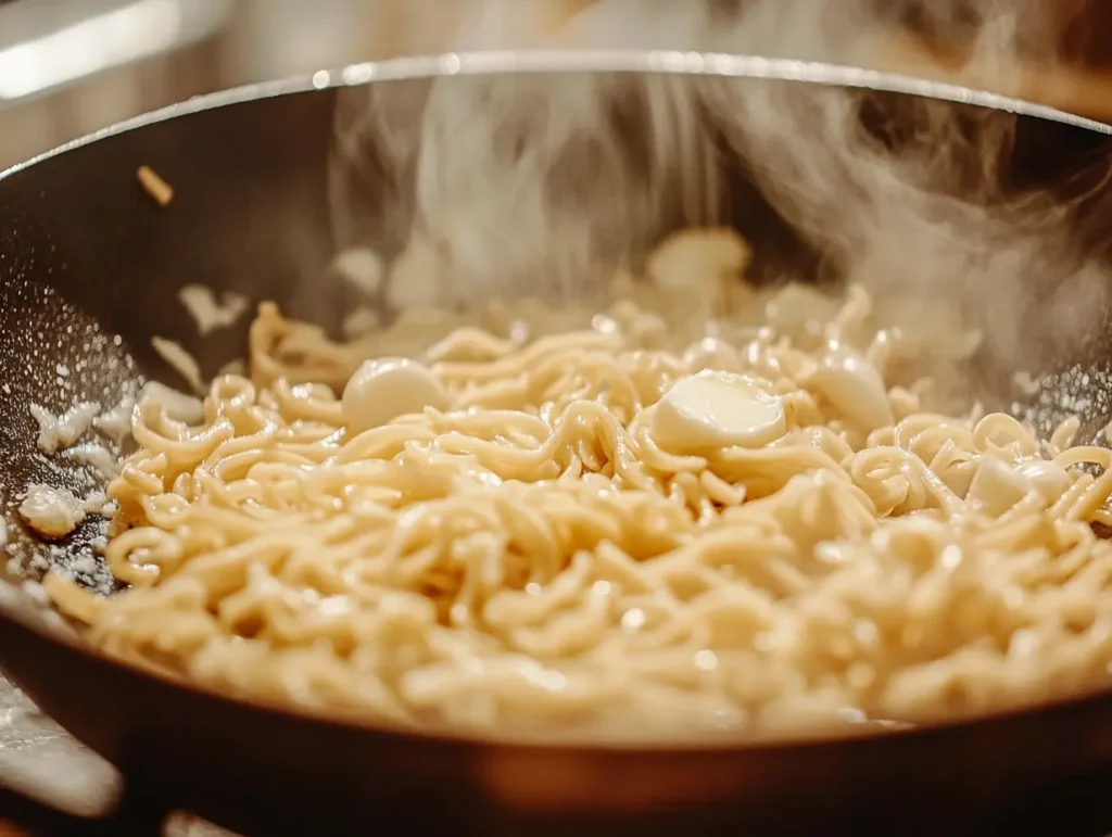 Cooking TikTok ramen with garlic and butter in skillet