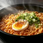 TikTok ramen recipe with glossy noodles, scallions, and soft-boiled egg
