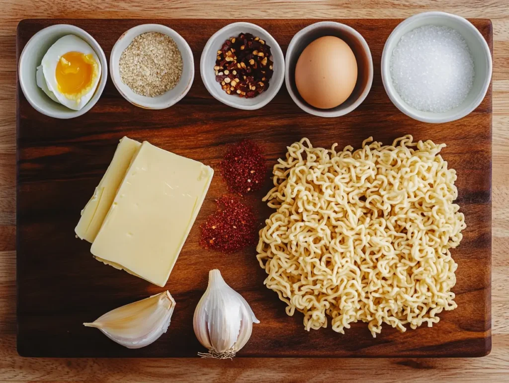 TikTok ramen recipe ingredients including butter, garlic, soy sauce, and instant noodles