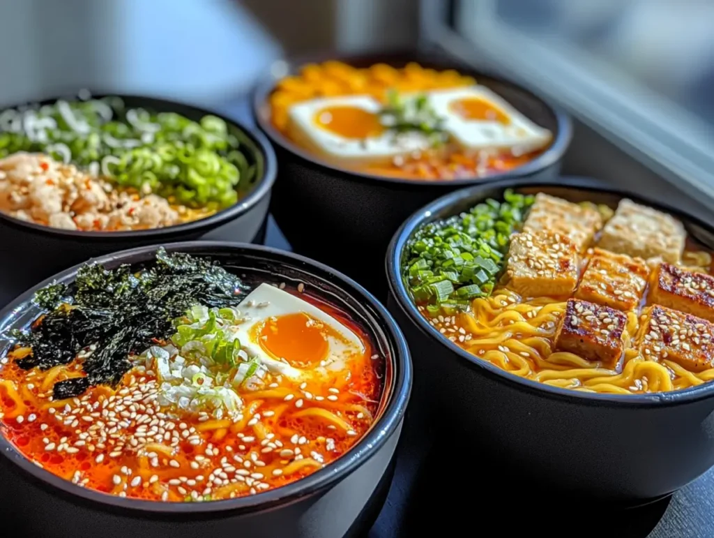 Four TikTok ramen variations: spicy, cheesy, miso, and tofu
