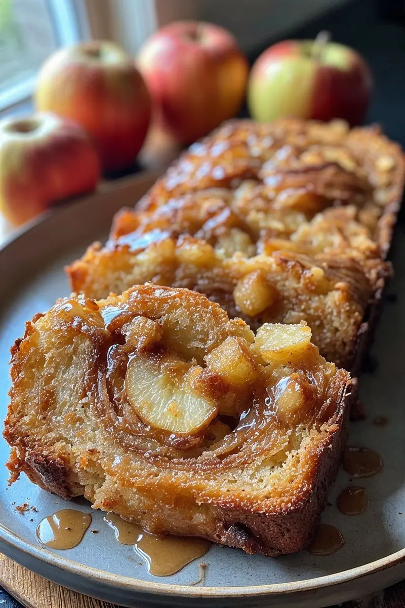 Apple Fritter Bread slice Thick slices of apple fritter bread showing cinnamon swirls and chunks of apple, topped with sweet glaze and served on a rustic wooden surface.