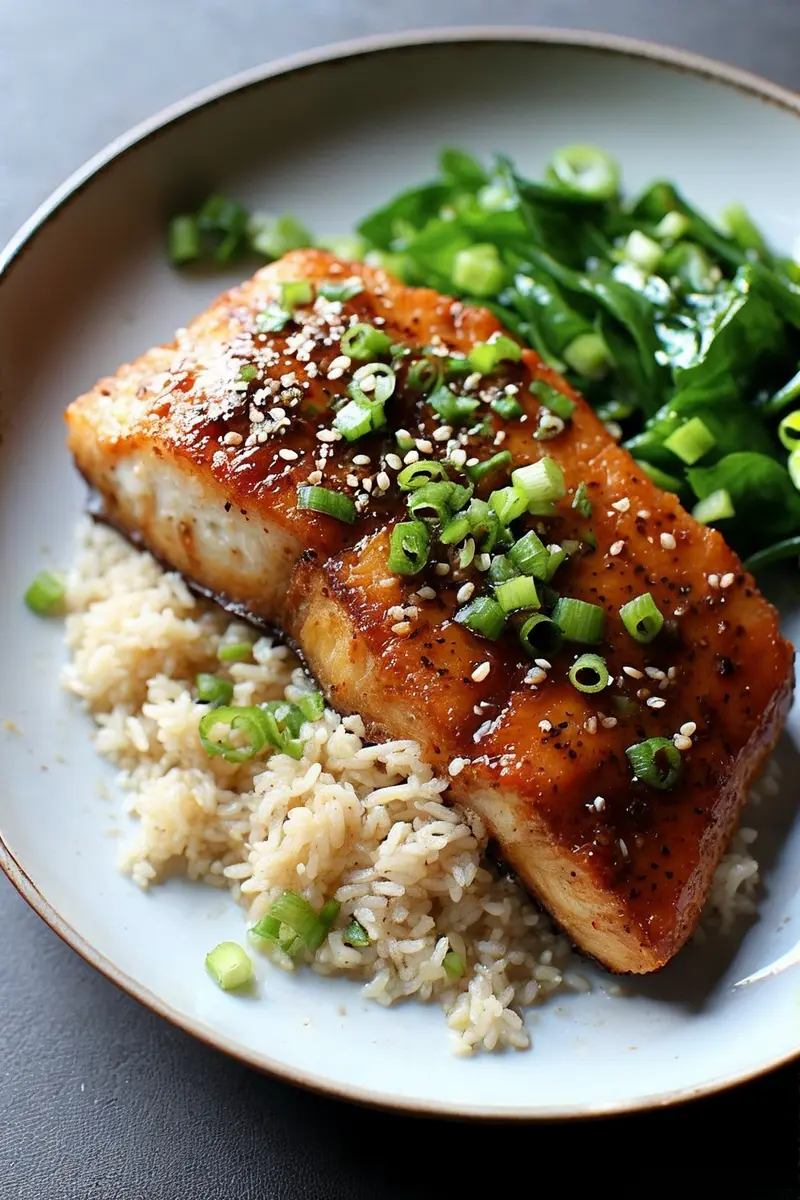 a plate of Ginger Soy Glazed Cod with rice and vegetables