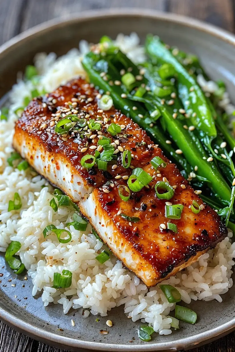 Ginger Soy Glazed Cod a plate of Ginger Soy Glazed Cod with rice and vegetables