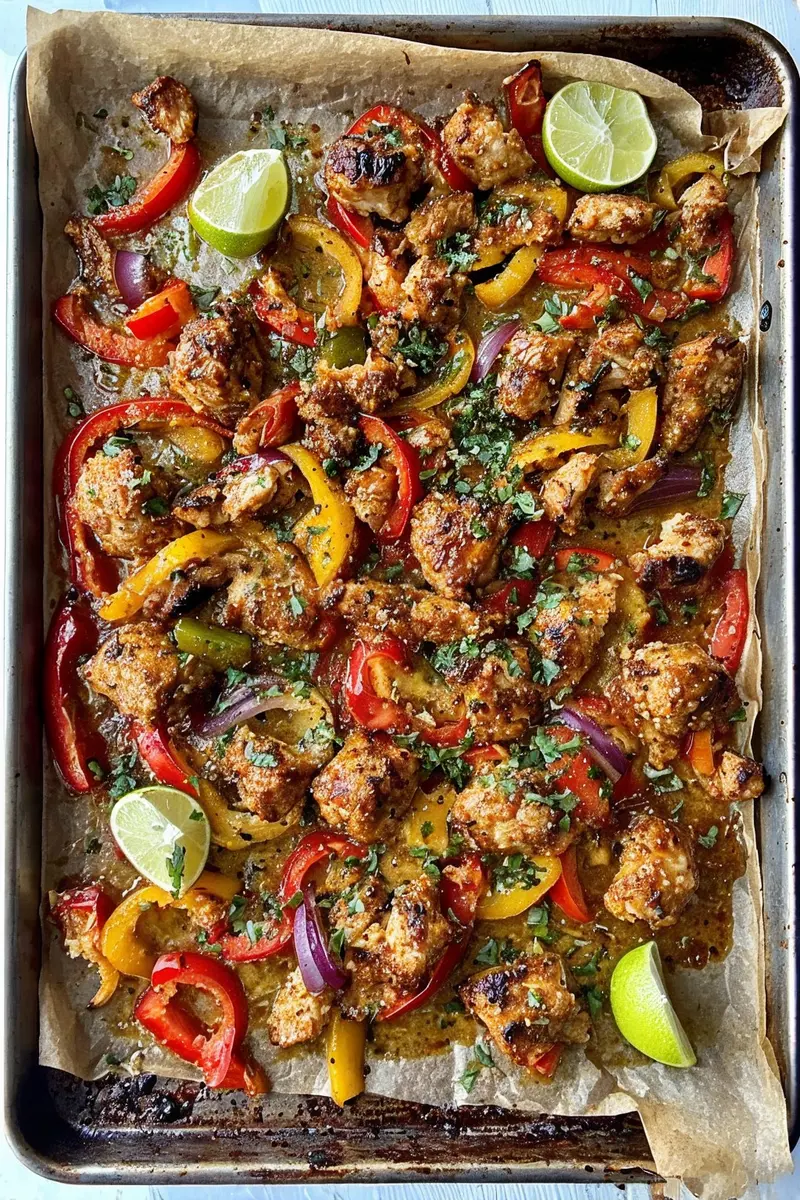 One-Pan Chicken Fajitas close up a pan of food with limes and meat