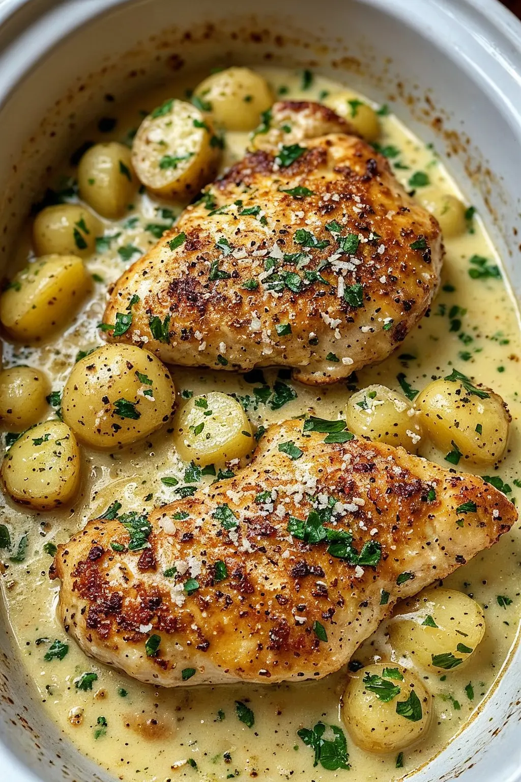 Garlic parmesan crockpot close up