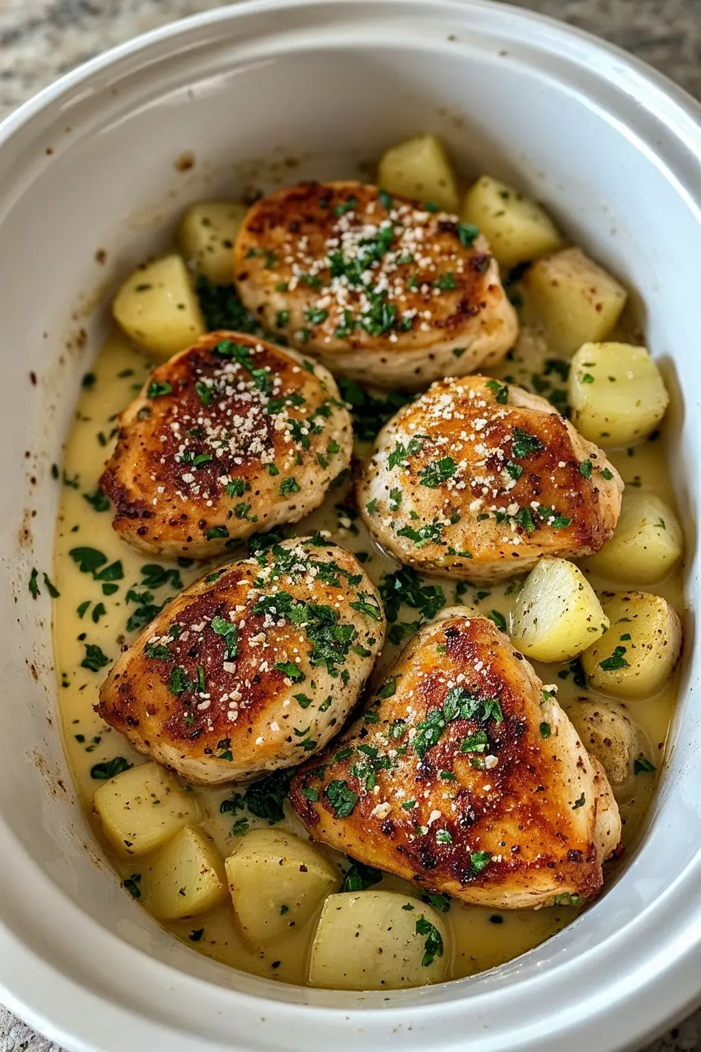 Garlic parmesan crockpot chicken breasts with creamy baby potatoes in a slow cooker