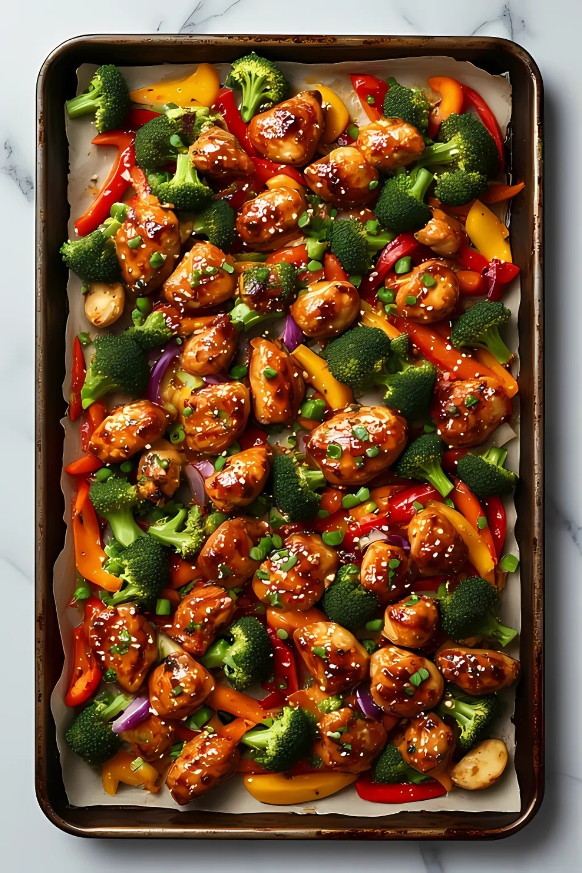 Golden brown sheet pan teriyaki chicken with glazed vegetables including broccoli, bell peppers, carrots and red onion, garnished with sesame seeds on parchment-lined baking sheet