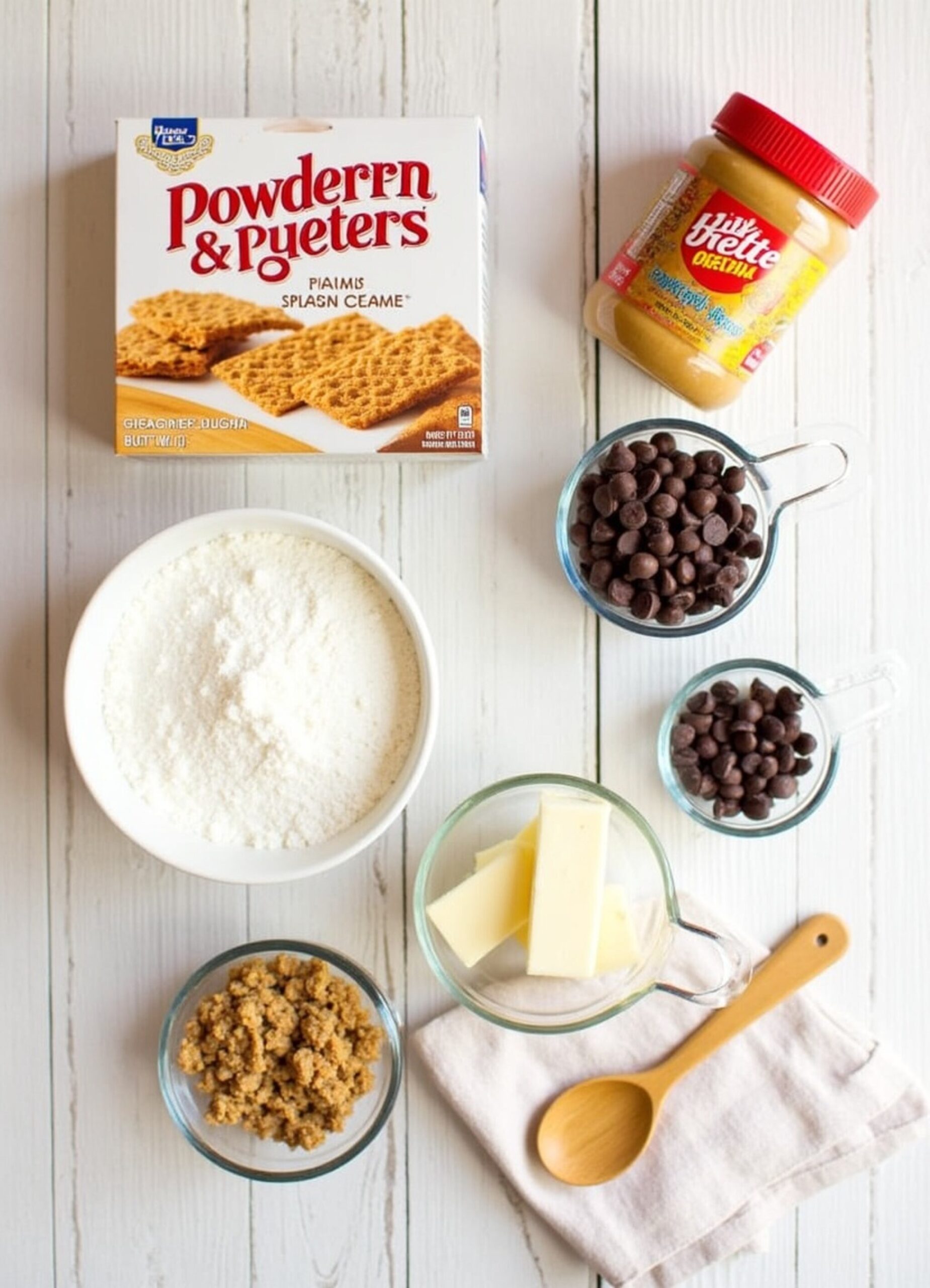 No bake peanut butter bars ingredients laid out including peanut butter and chocolate chips