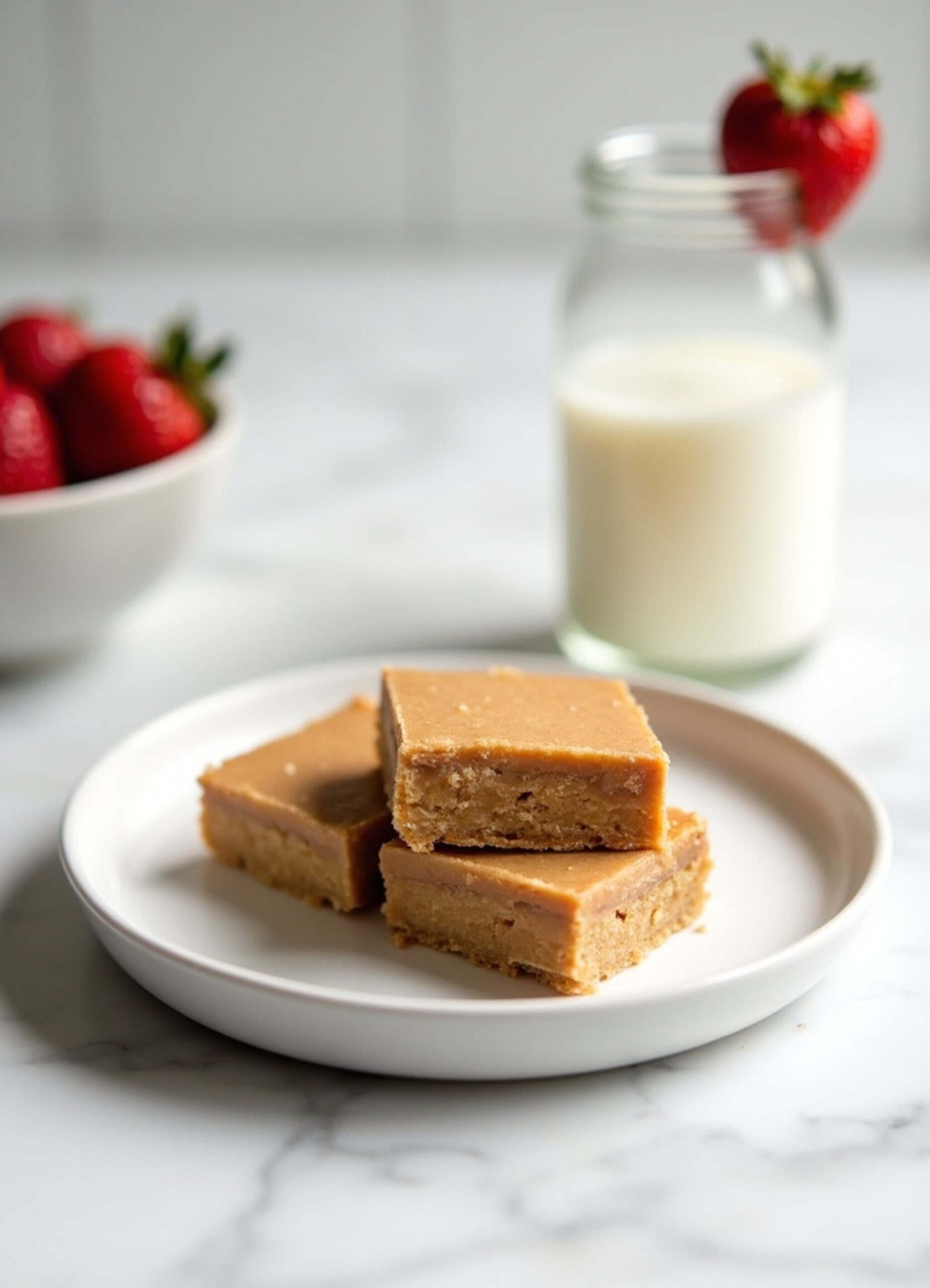 Plated no bake peanut butter bars with milk showing perfect layers