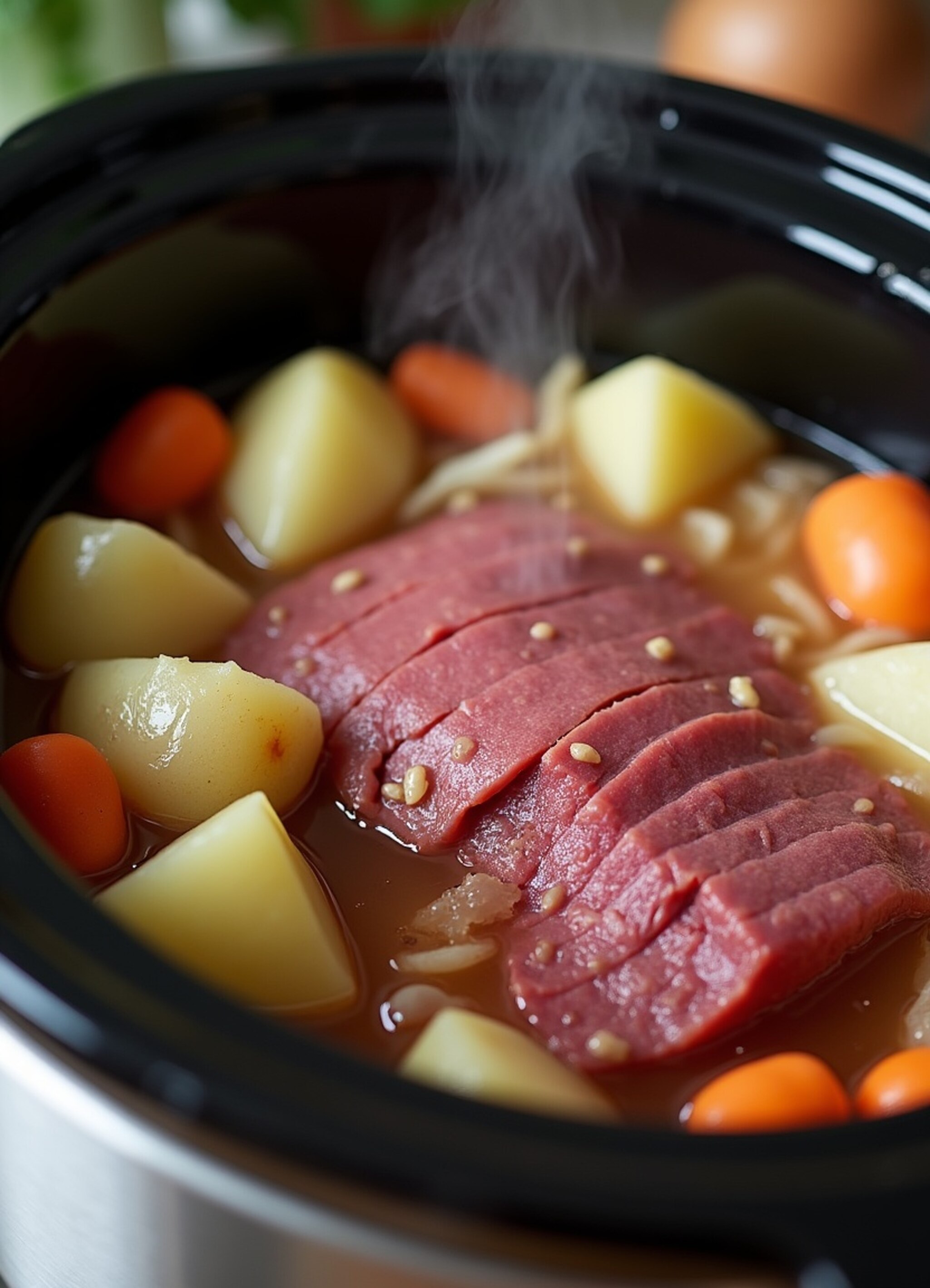 Vegetables being added to slow cooker with corned beef