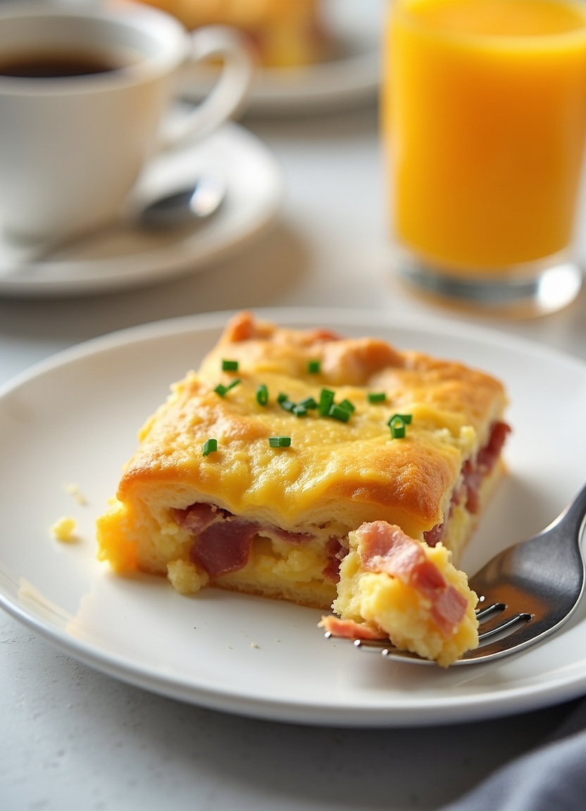 Slice of crack breakfast casserole on plate showing all the delicious layers