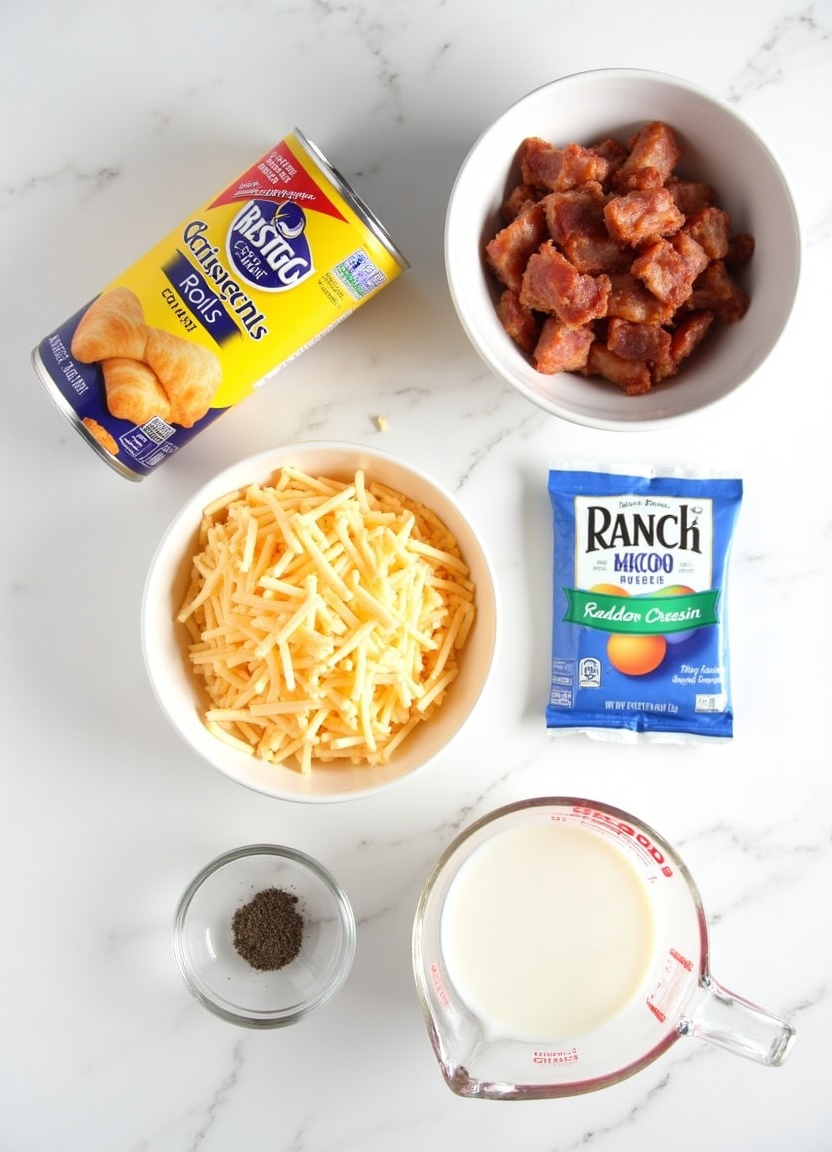 Ingredients for crack breakfast casserole laid out including crescent rolls, bacon, cheese, ranch mix, eggs and milk