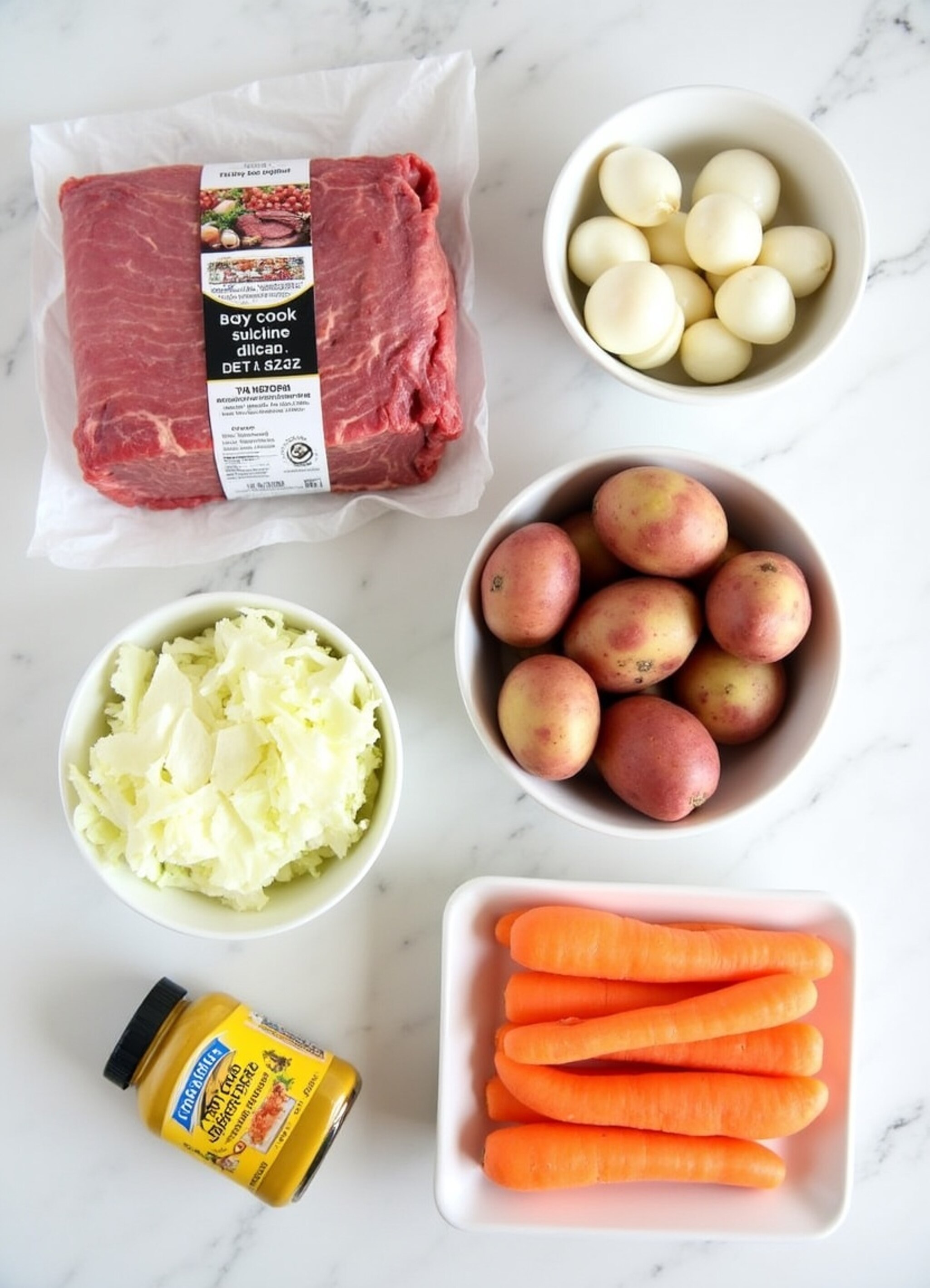 All ingredients for crockpot corned beef and cabbage laid out