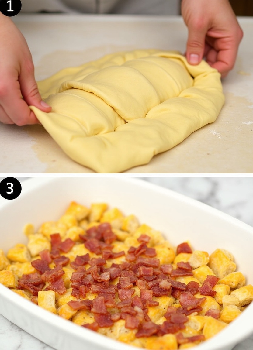 Pressing crescent roll dough into baking dish with bacon ready to add