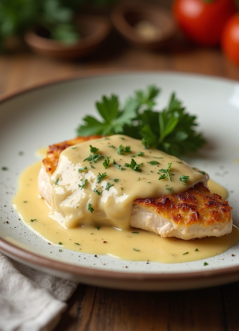 Creamy Garlic Chicken plated with garlic cream sauce and parsley garnish